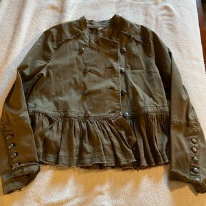 Free People Women's L Double Breasted Canvas Military Jacket Ruffled Hem